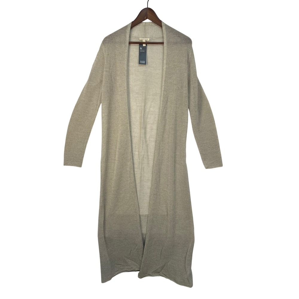 Eileen Fisher Long Italian Wool Duster Women XS Beige Mesh Knit NWT FLAWS CRAFTS